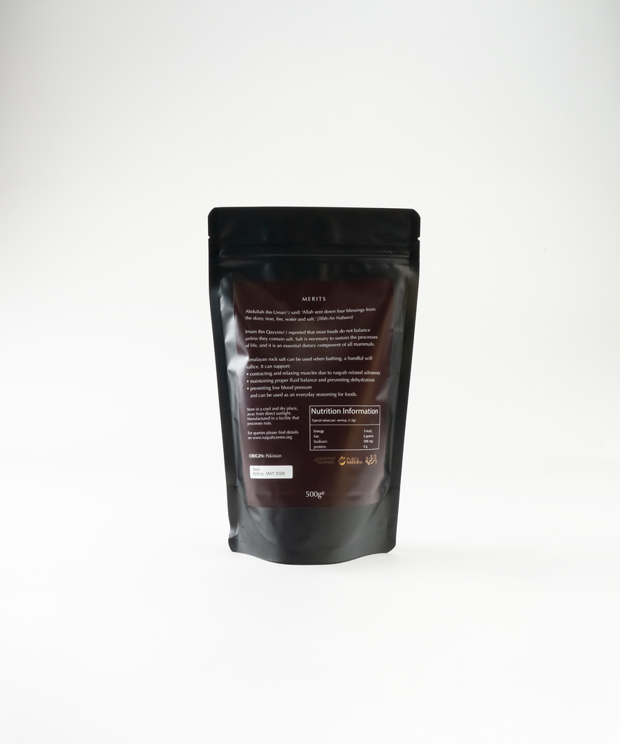 Pure Himalayan Rock Salt used for Ruqyah cleansing, detox, and protection from sihr, evil eye and jinn-related afflictions. Ideal for baths, home cleansing & healing.