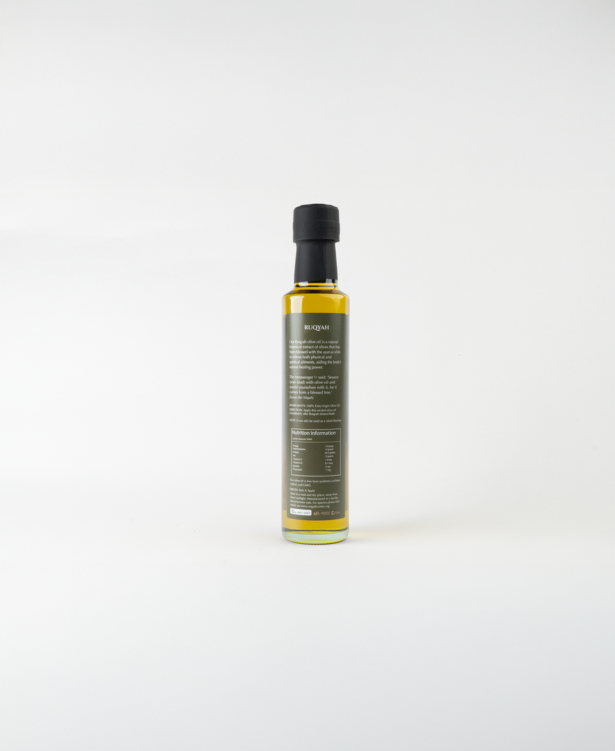 Premium cold-pressed Ruqyah Olive Oil recited with Ayāt al-Shifā’. A blessed Sunnah remedy for spiritual protection, healing and daily prophetic wellness.