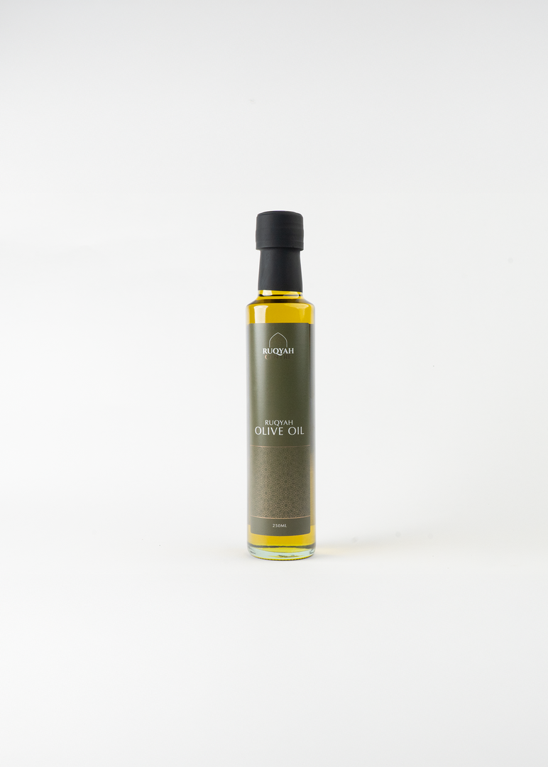 Premium cold-pressed Ruqyah Olive Oil recited with Ayāt al-Shifā’. A blessed Sunnah remedy for spiritual protection, healing and daily prophetic wellness.