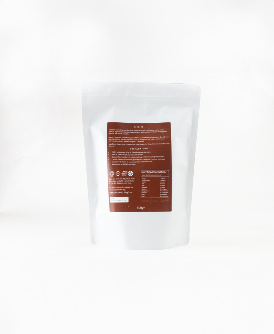 Healing Prophetic Talbina, organic barley porridge blend with dates, cinnamon & coconut. Supports digestion, emotional comfort & Sunnah wellness.
